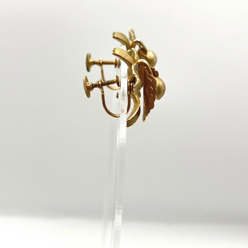 Vintage Gold‎ Tone Orchid Flower Screw Back Earrings Botanical Floral Statement